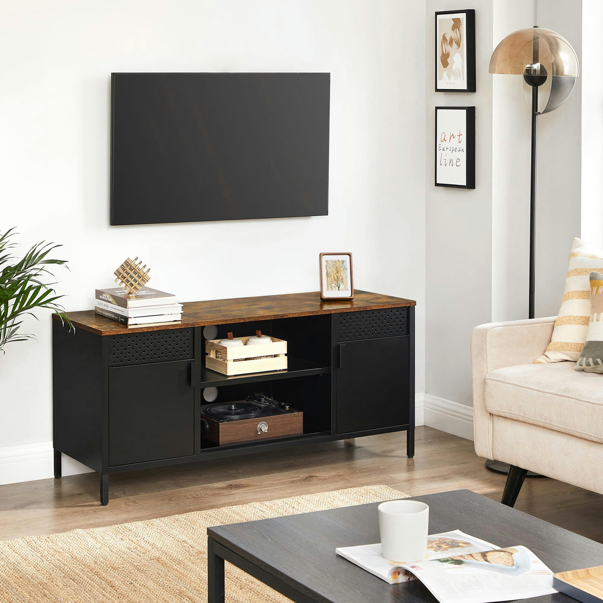 - Meuble TV 2 portes effet bois acier noir