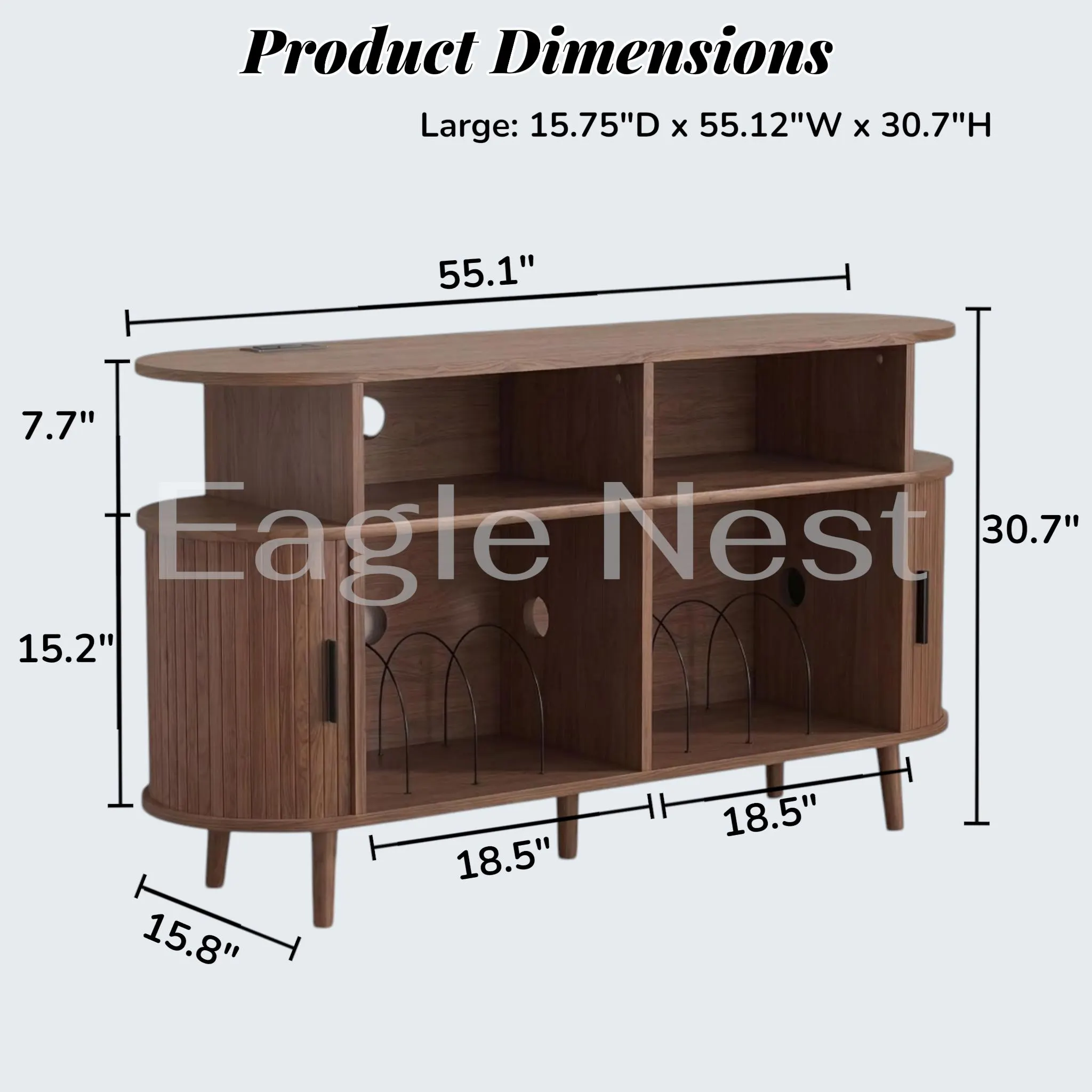 Record Cabinet with Charging Station and Vinyl Storage, Walnut Record Shelf with 3 Open Compartments, Turntable Stand and Album Organizer