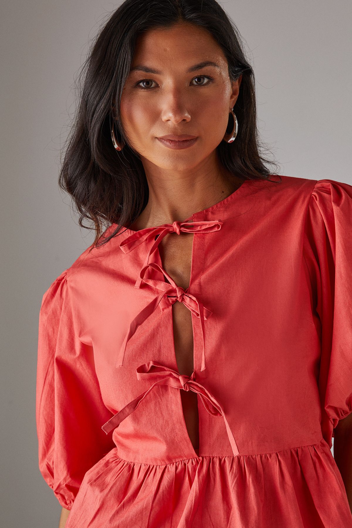Warehouse Poplin Tie Front Volume Sleeve Blouse