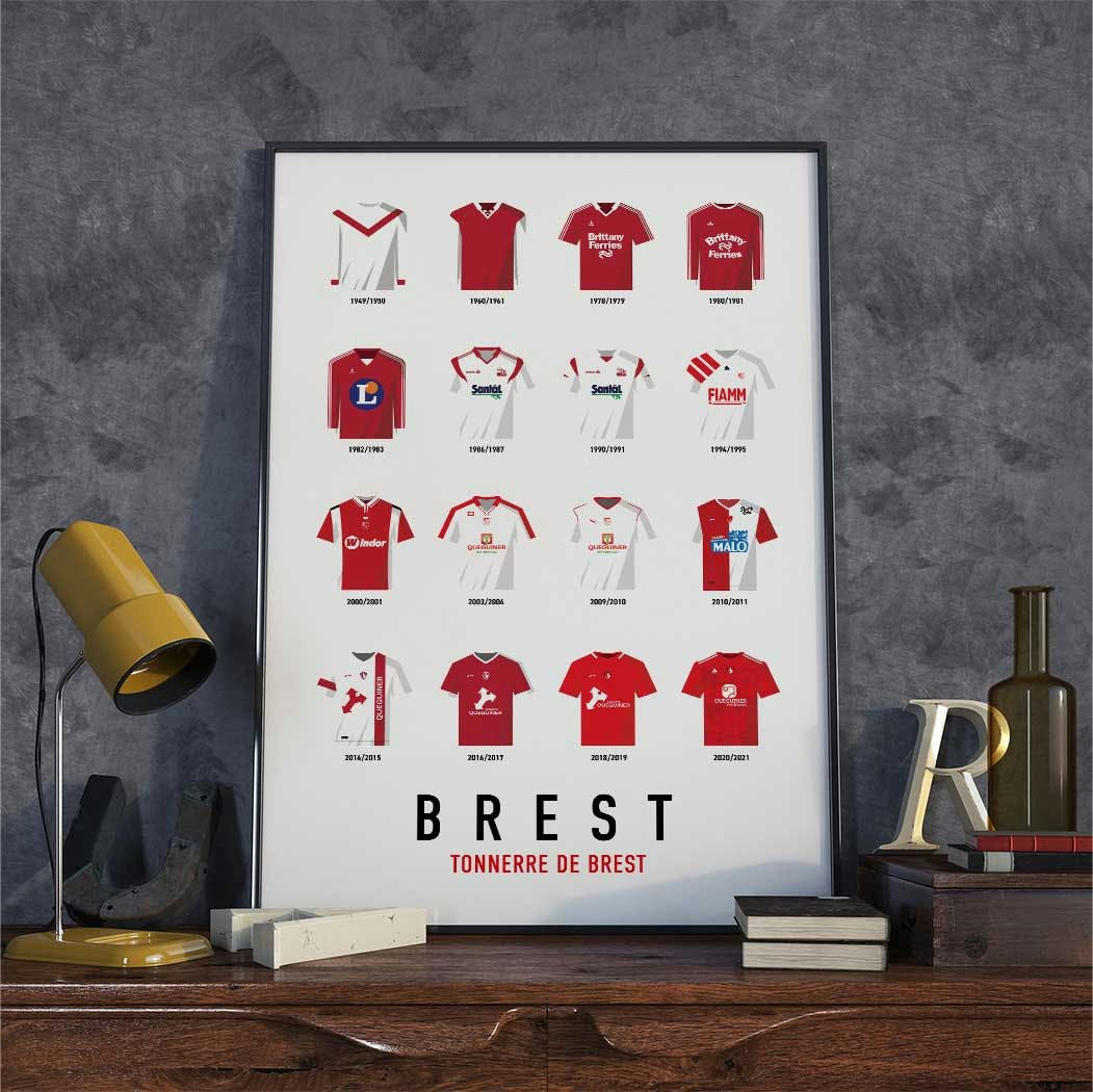 FOOTBALL - Affiche Foot - BREST Maillots Historiques   40 x 60 cm
