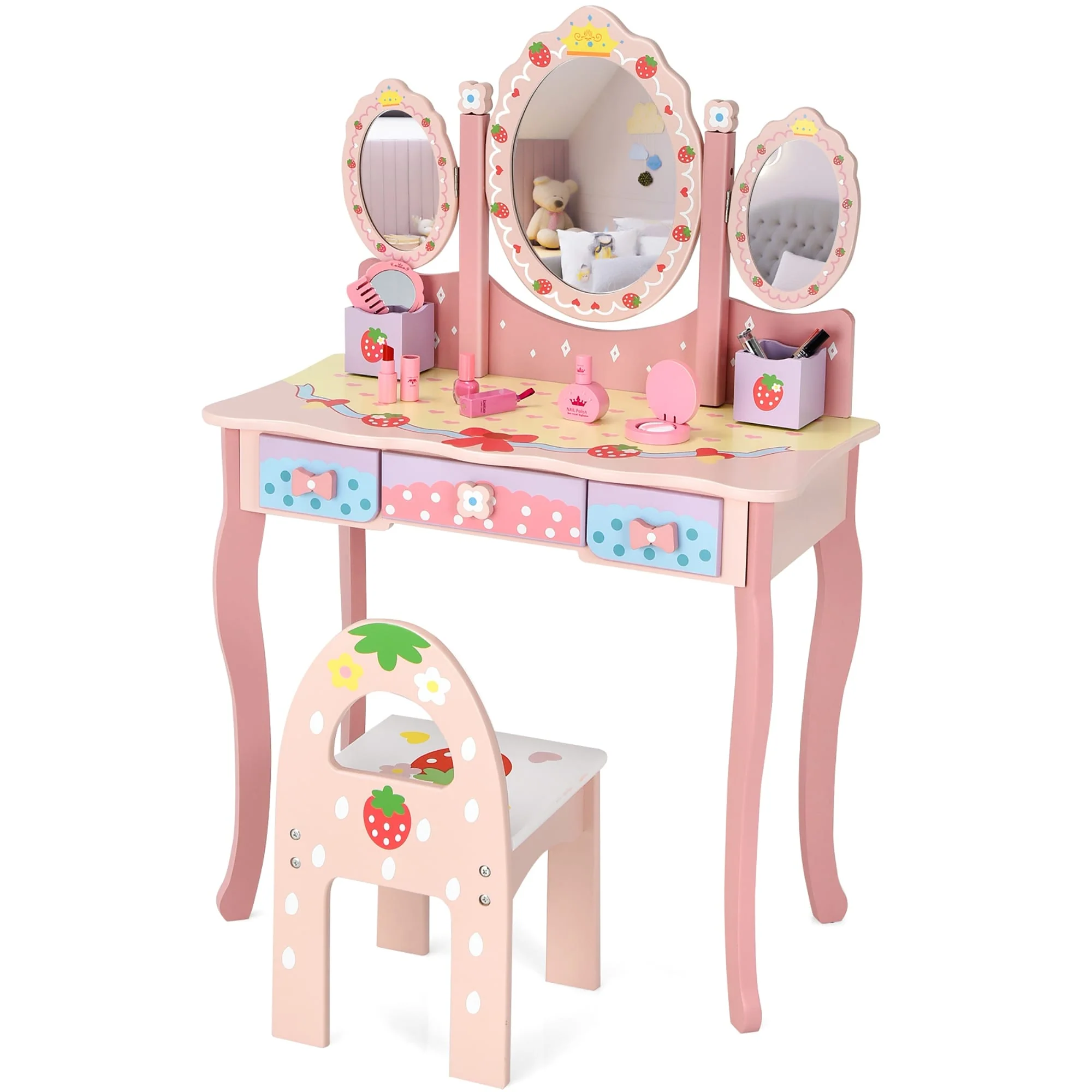 Costway Kids Vanity Princess Makeup Dressing Table Chair Set w/