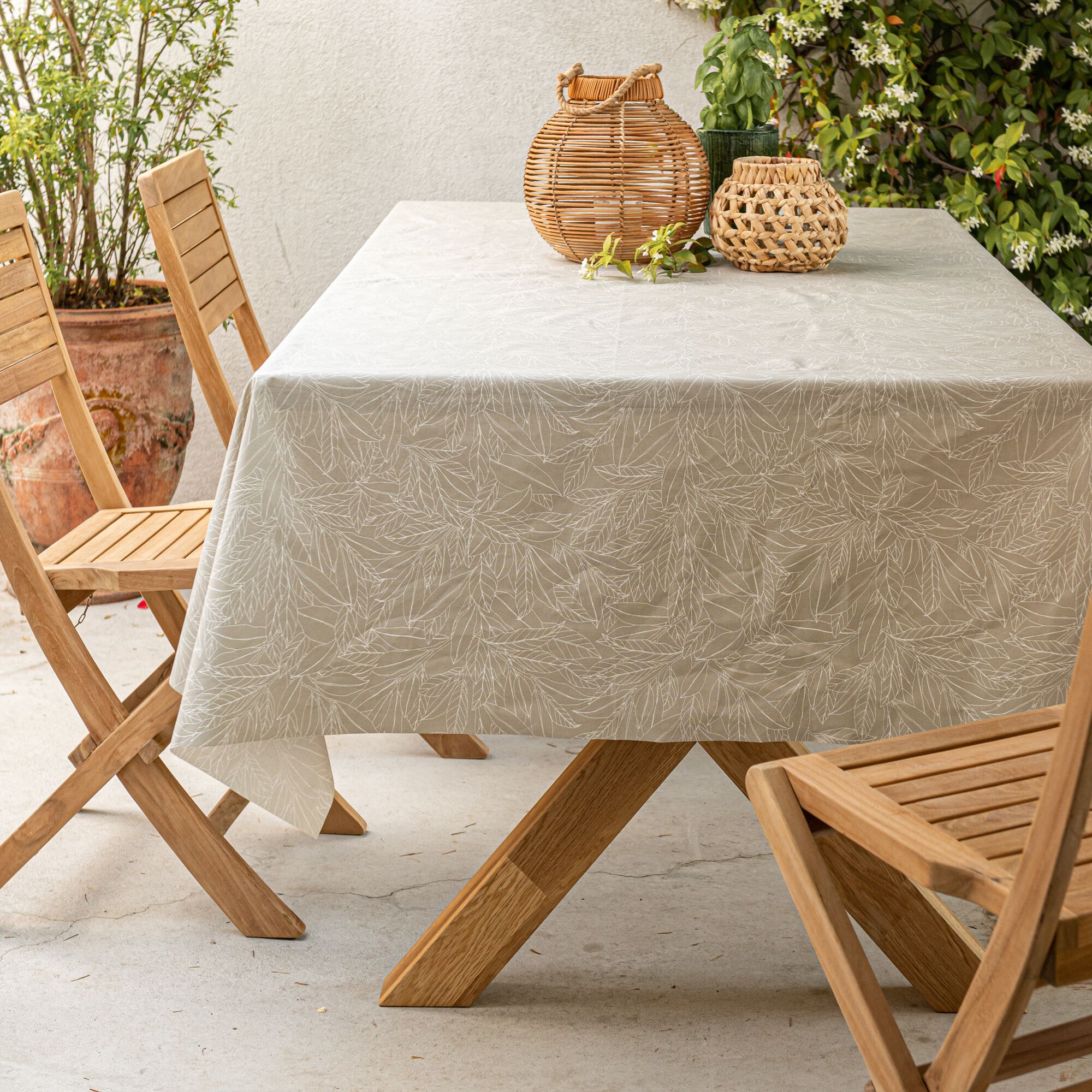 LAURIER - Nappe rectangulaire en coton enduit motif laurier 150x250cm - beige alpilles