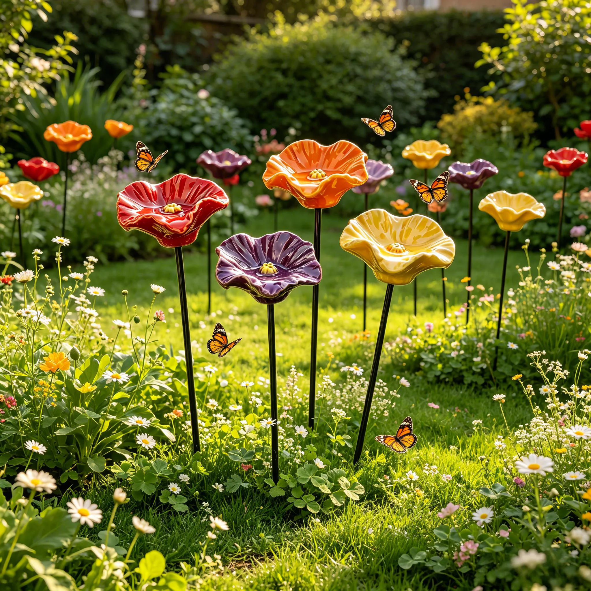 Butterfly Bee Water Station, Ceramic Bee Feeder, Outdoor Pollinator Insect Water Station, Garden Stake, Poppy Flowers, 4 Pack
