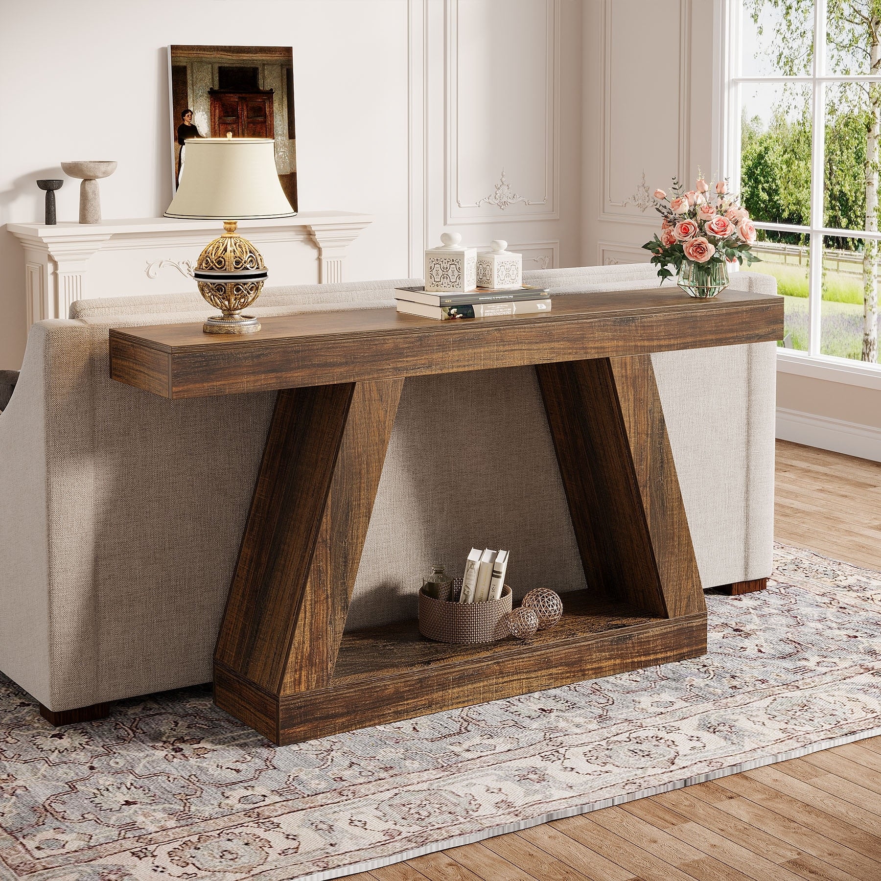 55 Inches Farmhouse Entryway Console Table with Storage
