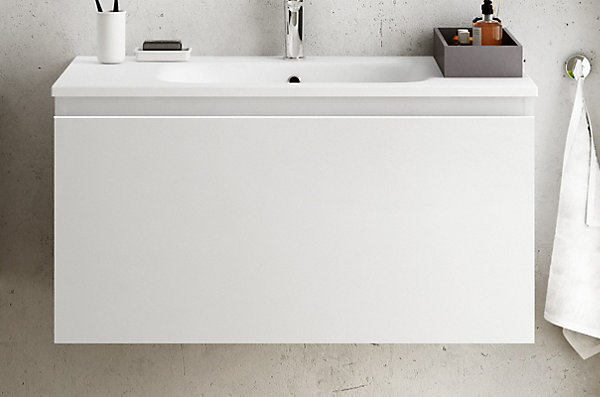 Meuble vasque suspendu blanc mat l.90 cm   plan double vasque blanc brillant céramique, Pura