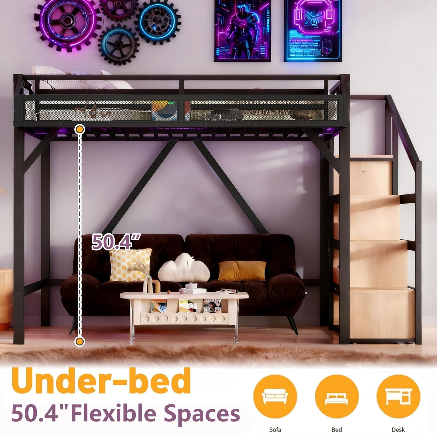 Bellemave Full Size Loft Bed with Storage Stairs, Shelves & Wardrobe, Metal Full Loft Bed Frame with LED Lights & USB Ports for Kids Teens, Noise-Reduced Design, Natural Wood
