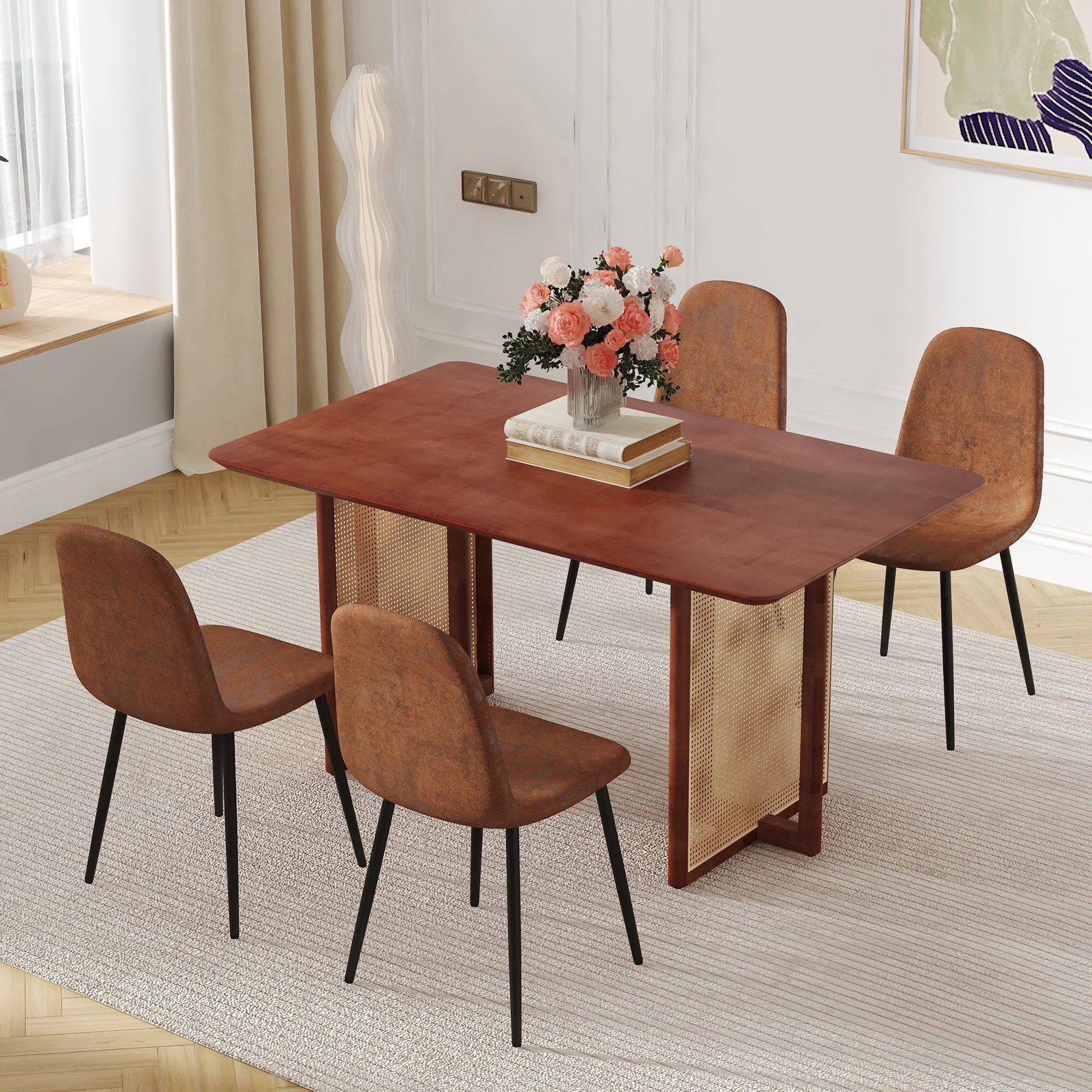 5-Piece Dining Table Set with Rubber Wood Frame Table, Imitation Rattan Table Legs, Anti-Slip Feet, Rounded Backrest