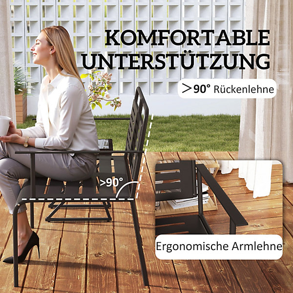 Banc de Jardin Extérieur 2 Places avec Dossier Incliné et design Lamelles, Acier, Résistant aux Intempéries - Noir
