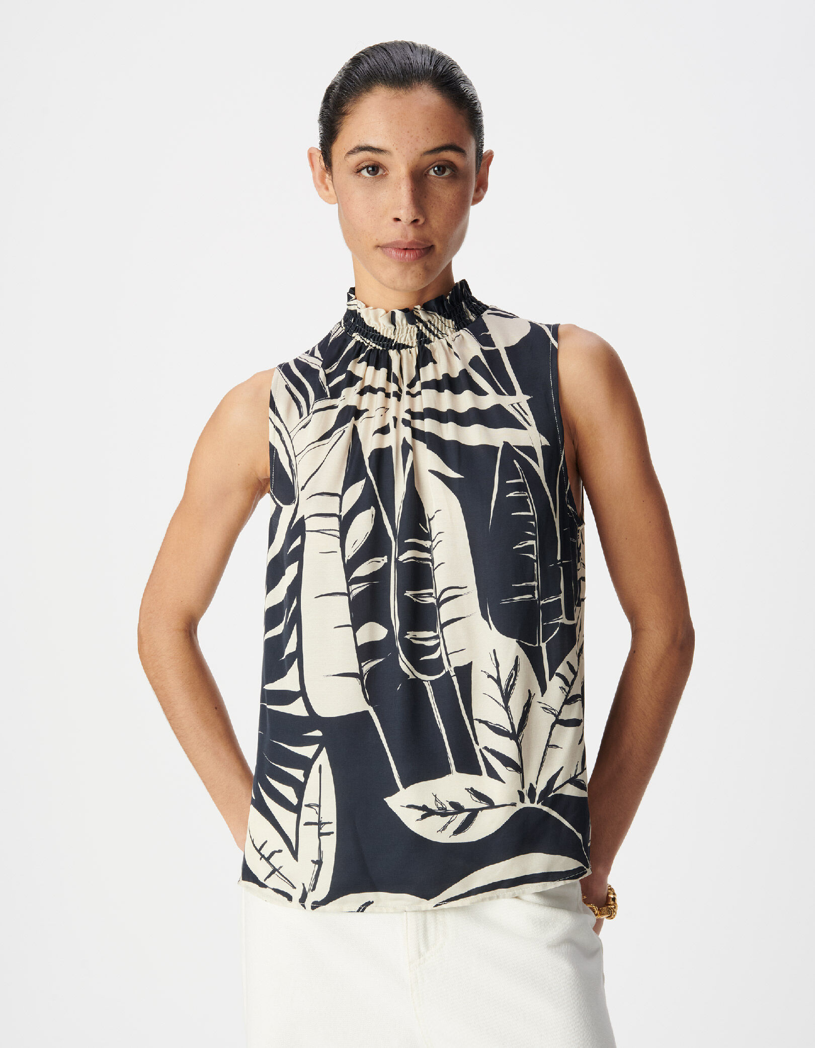 Top sans manches marine satiné imprimé maxi feuilles Femme