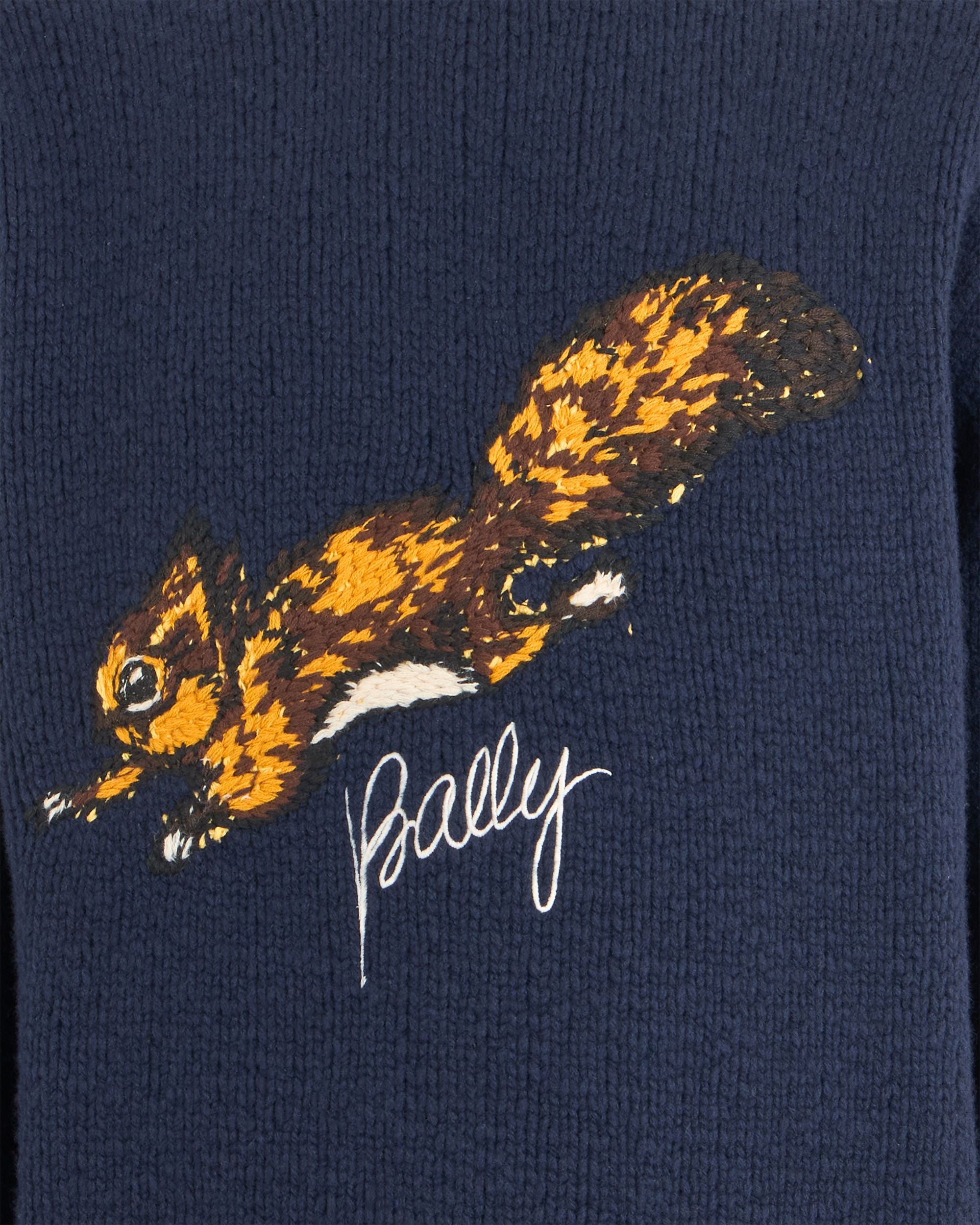 Weihnachtspullover mit Rundhalsausschnitt aus marineblauer Wolle mit Bally-Logo und Eichhörnchen