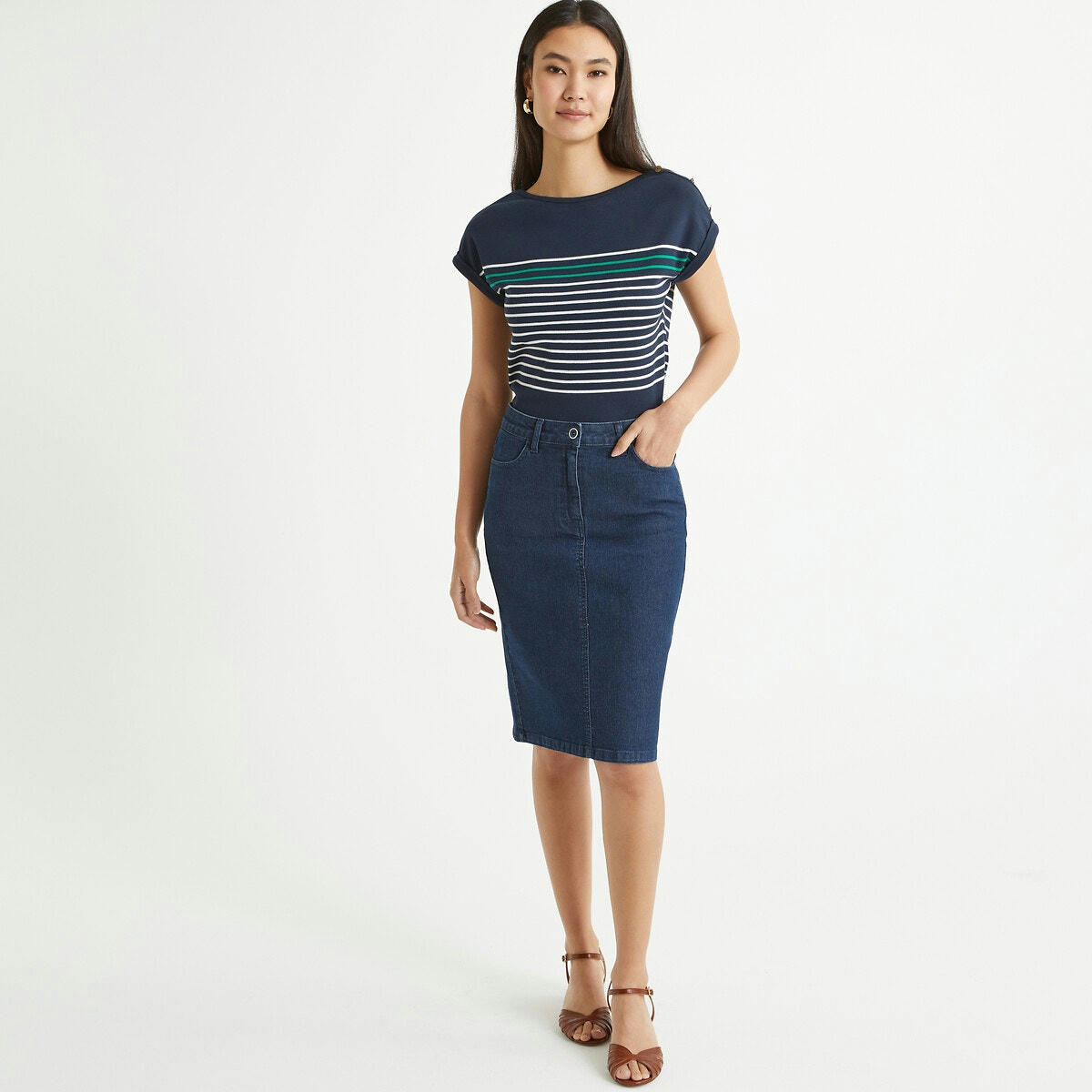 Jupe droite en denim stretch, mi-longue