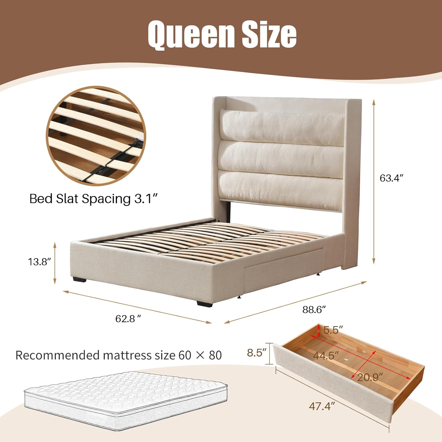 YUHUASHI Queen Storage Bed Frame with 63.4-inch High Headboard, Storage Drawers, Slatted Support, No Spring Mattress Required (Cream, Queen (U.S. Standard))