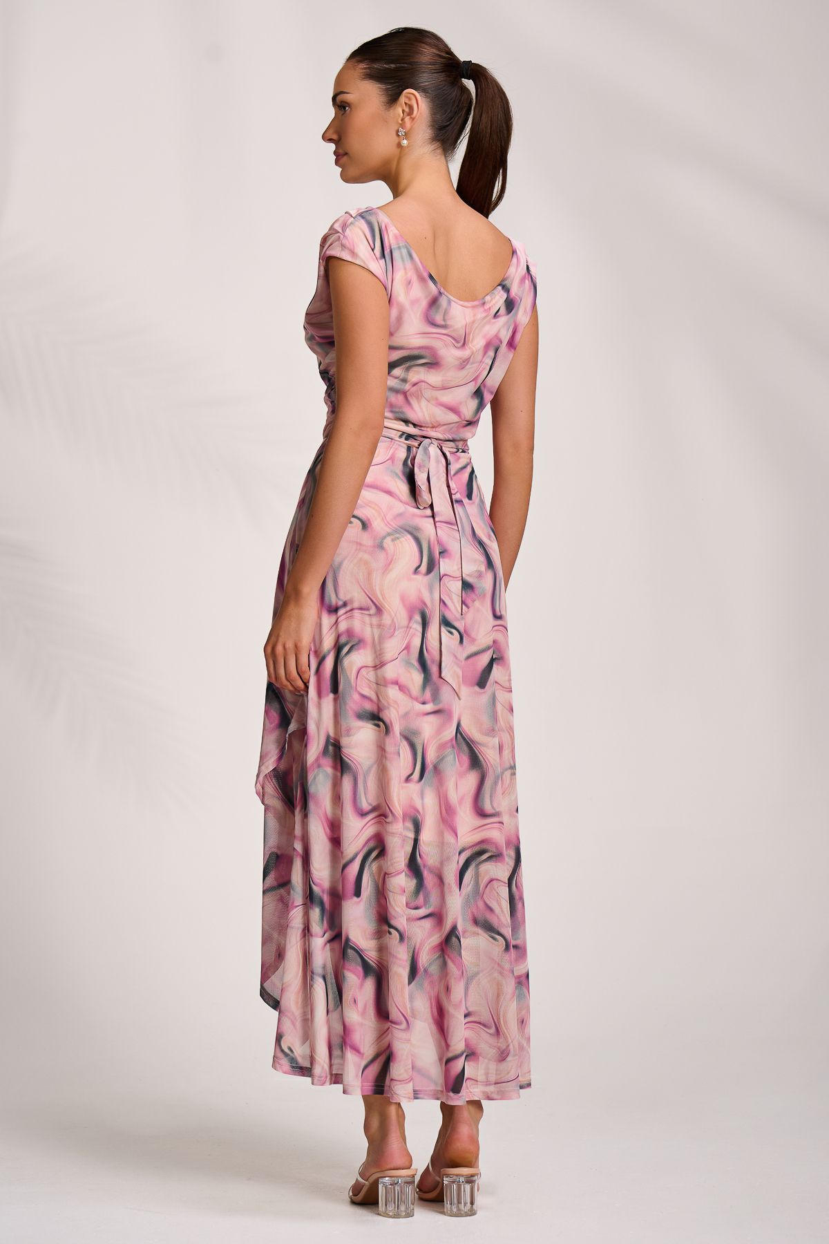 Jolie Moi Asymmetric Draped Mesh Maxi Dress