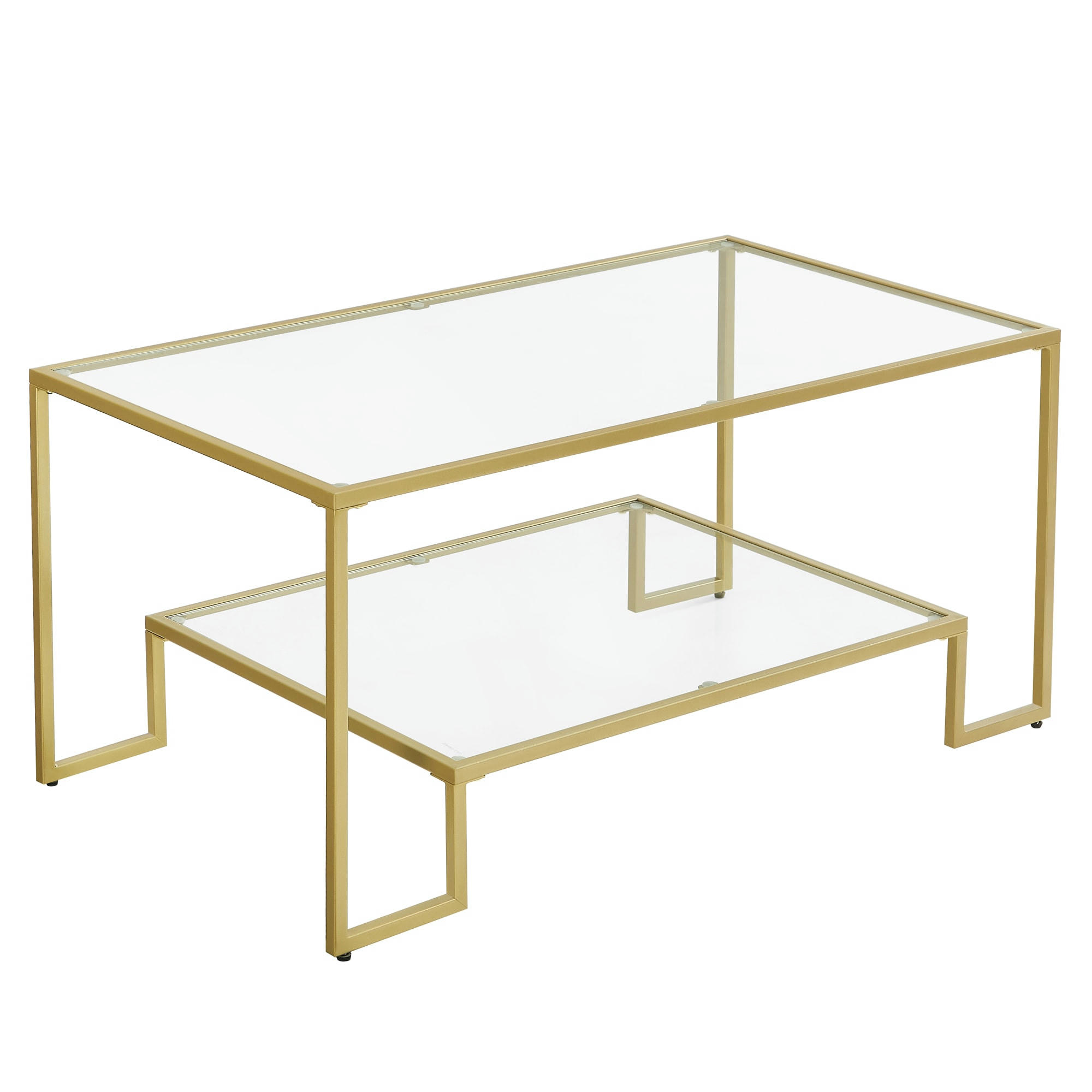 - Table basse 2 niveaux en verre trempé doré métallique