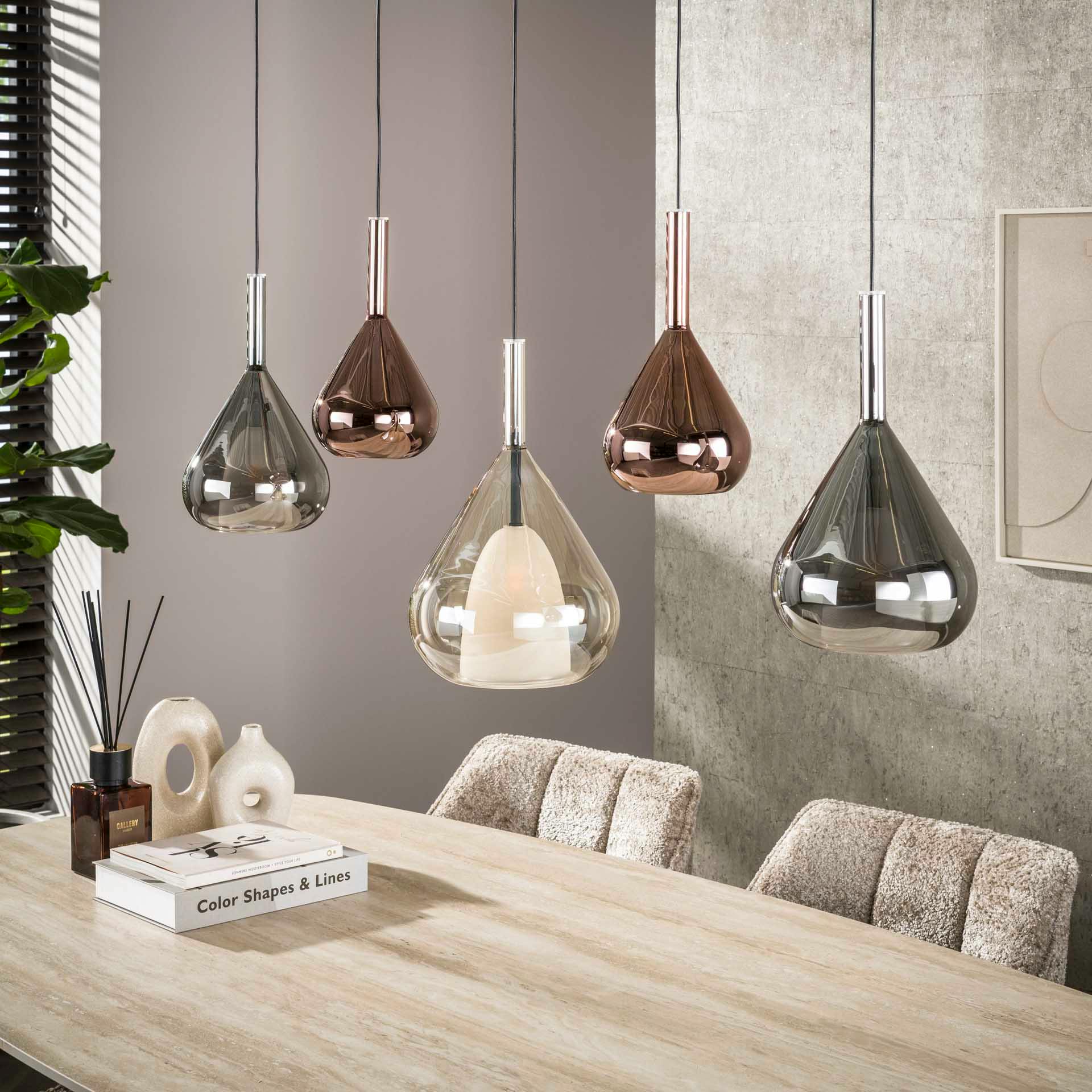 Suspension design verre 3 couleurs, 5 abat-jour goutte NIAGARA