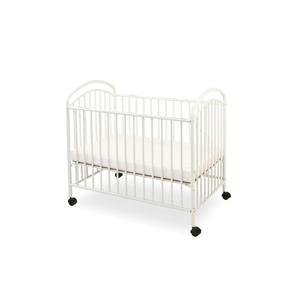 Grid Metal Crib with Adjustable Mattress Height and Casters, White