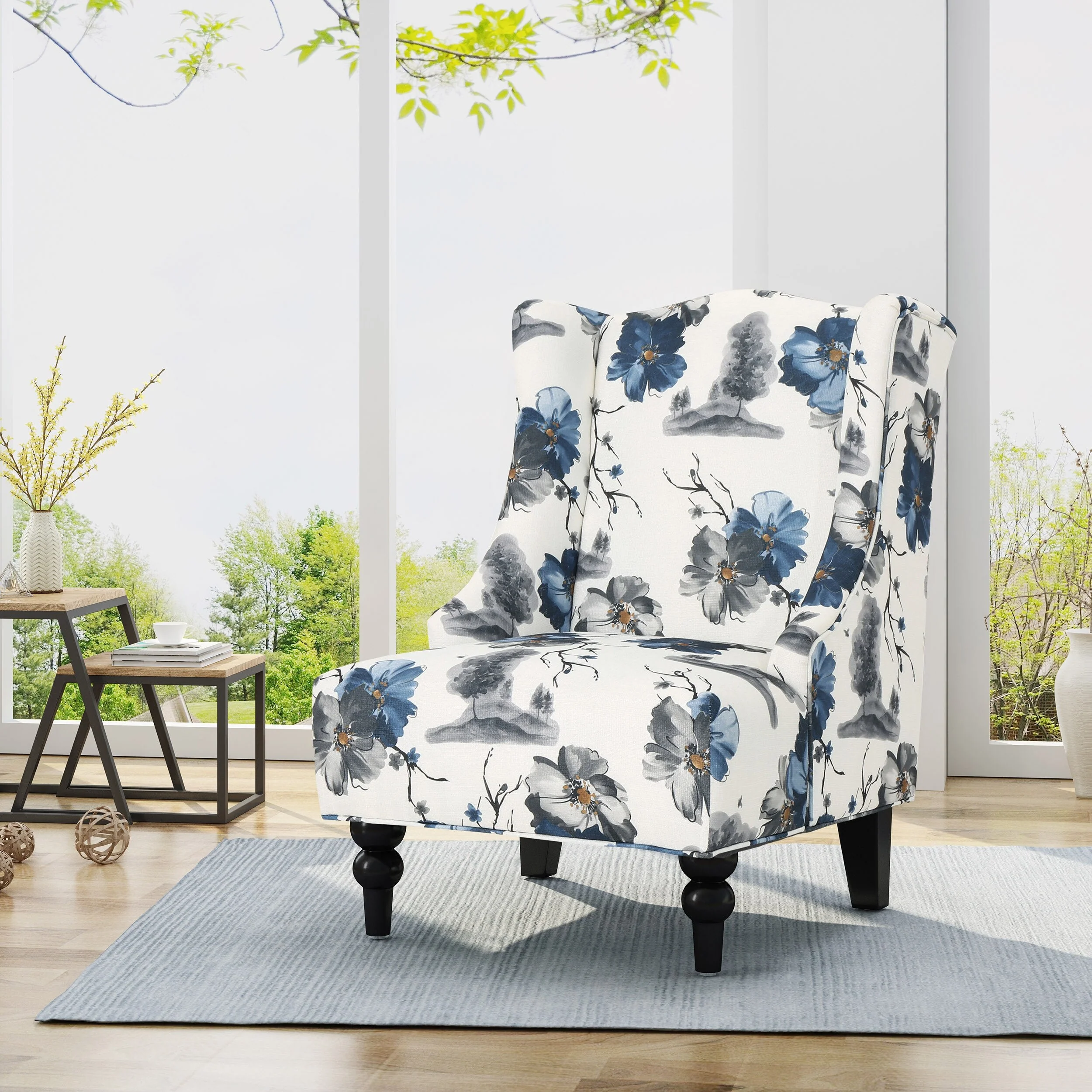 Beige +Blue Flower 28 High-Back Upholstered Club Chair with Birch Legs