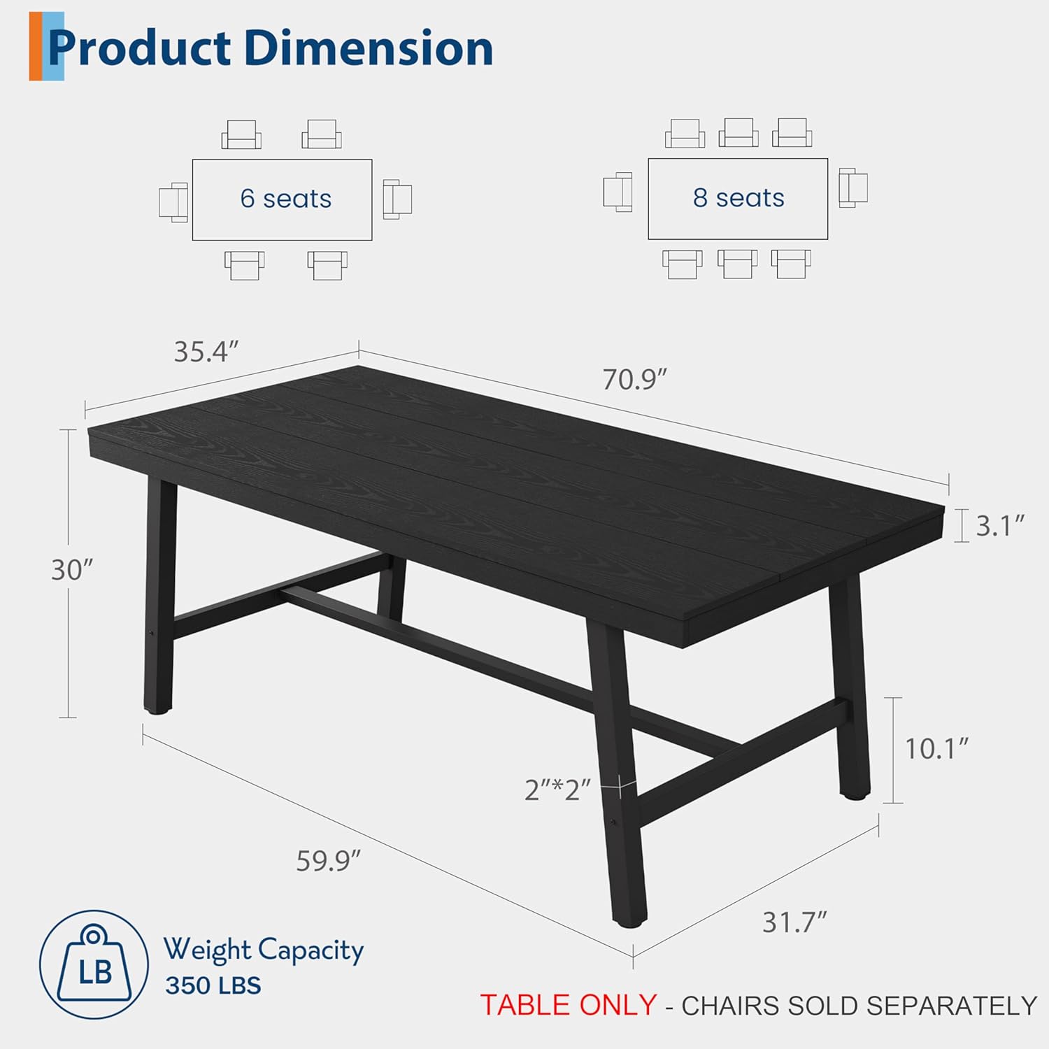 GarveeHome Industrial Dining Table for 6-8 People, 70.87 Long Large Kitchen Table with Sturdy Metal Frame, Rectangular Counter for Dinner, Kitchen, Dining Room (Black, 71 Non-extendable)