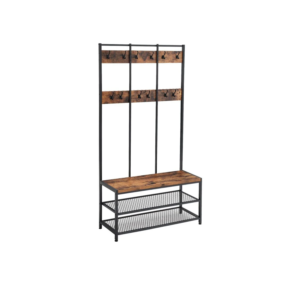 VASAGLE Industrial Large Coat Rack Stand with 12 Hooks and Shoe Bench - 39.37 x 72.44 x 15.75