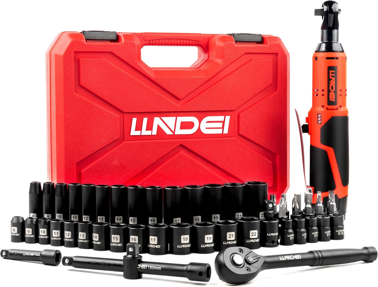 LLNDEI Cordless Electric Ratchet Wrench Set with Socket Set, 3/8 Ratchet, 40FT-LBS with Adjustable Speed, 1 Pack 2000mAh Lithium-Ion Battery and Charger, 52pcs