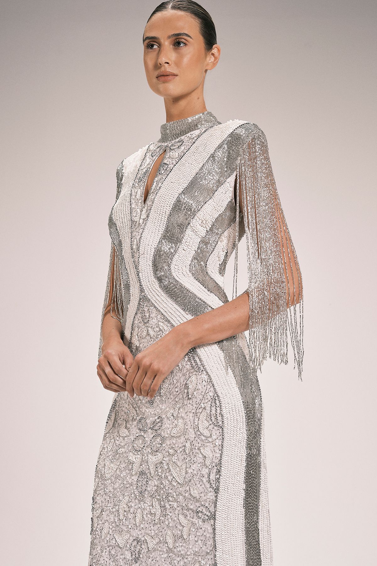KarenMillen Premium Embellished Tassel Sleeve Woven Maxi Dress