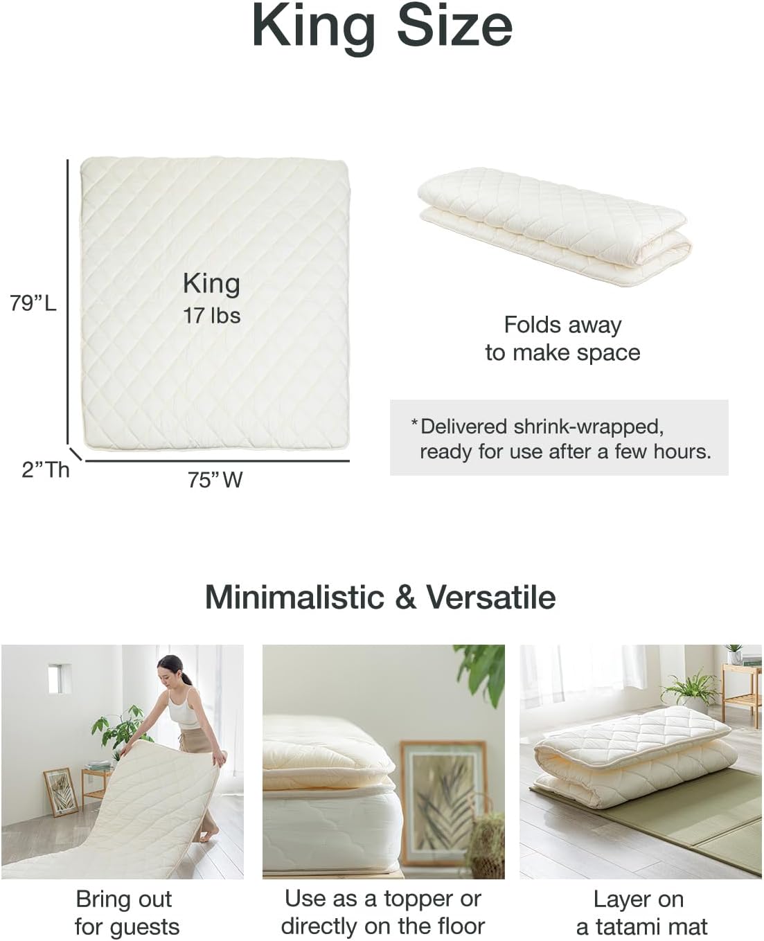 FULI Japanese Futon, King Size, White - Foldable Shikibuton Floor Bed - Medium Firm Quilted Cotton Sleeping Pad, Portable Roll-Up Japanese Floor Bed for Guests & Small Spaces