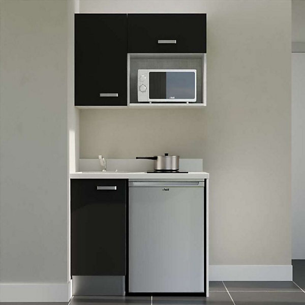 Kitchenette K00 - 100 cm - façades Noir - Plan monobloc en quartz coloris Snova évier à gauche