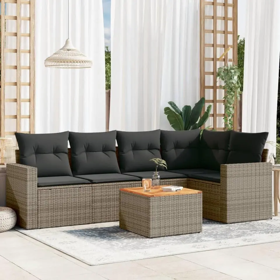 vidaXL Loungeset met kussens en salontafel - Grijs - Poly rattan - 6 stuks