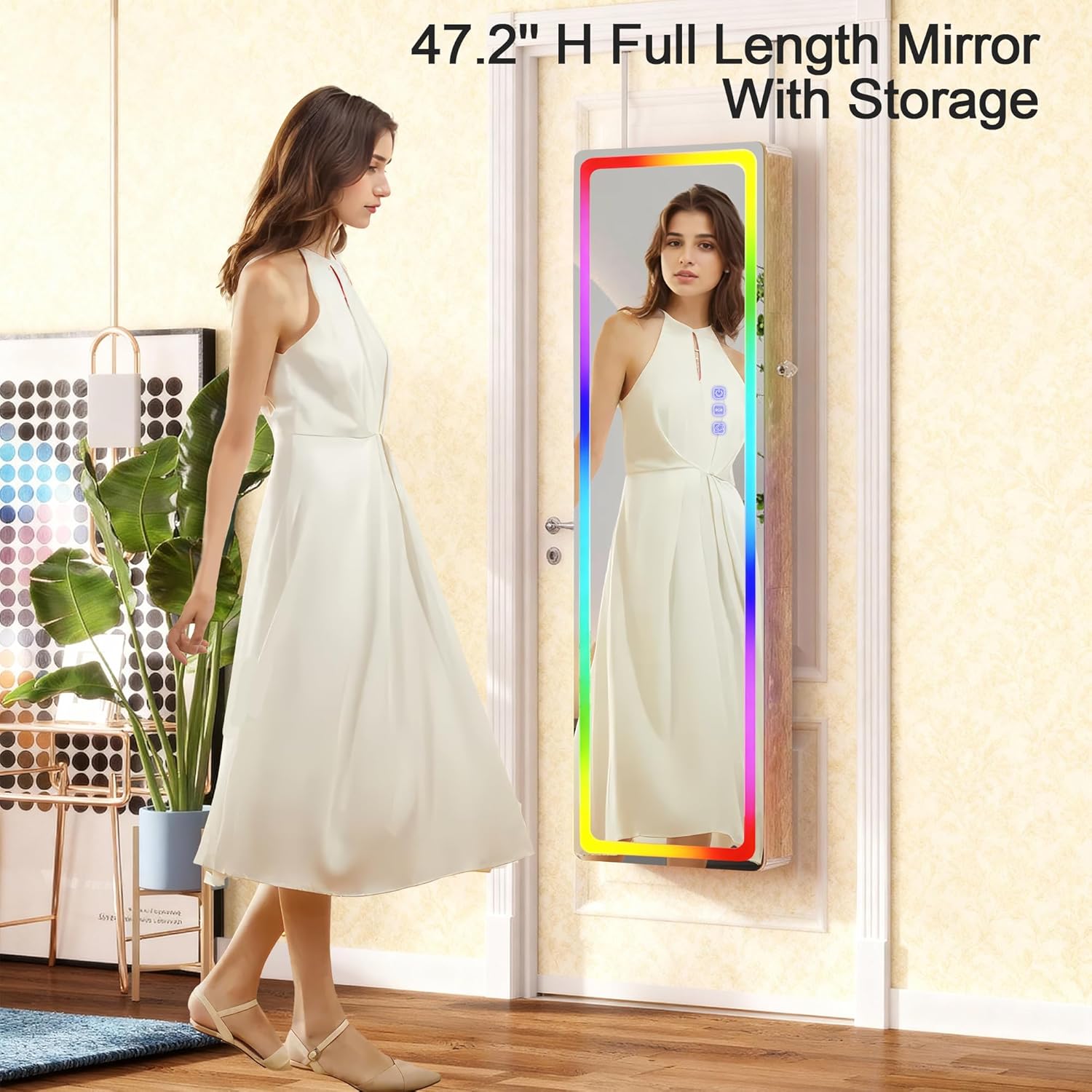 Lvifur LED Mirror Jewelry Cabinet - with RGB lights,Lockable Wall/Door Mounted Full Length Mirror with Storage,Hanging Jewelry Organizer-2 Drawers,Foldable Shelf,Built-in Lighted Mirror(Wood)