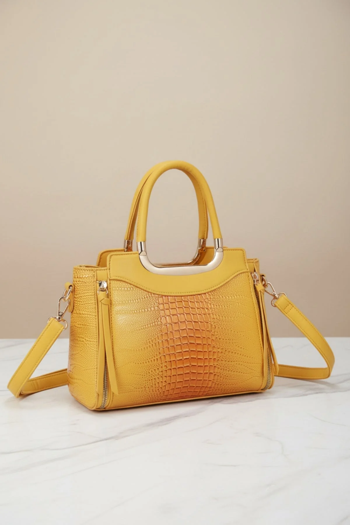 Yellow Faux Croc Metallic Tote Bag