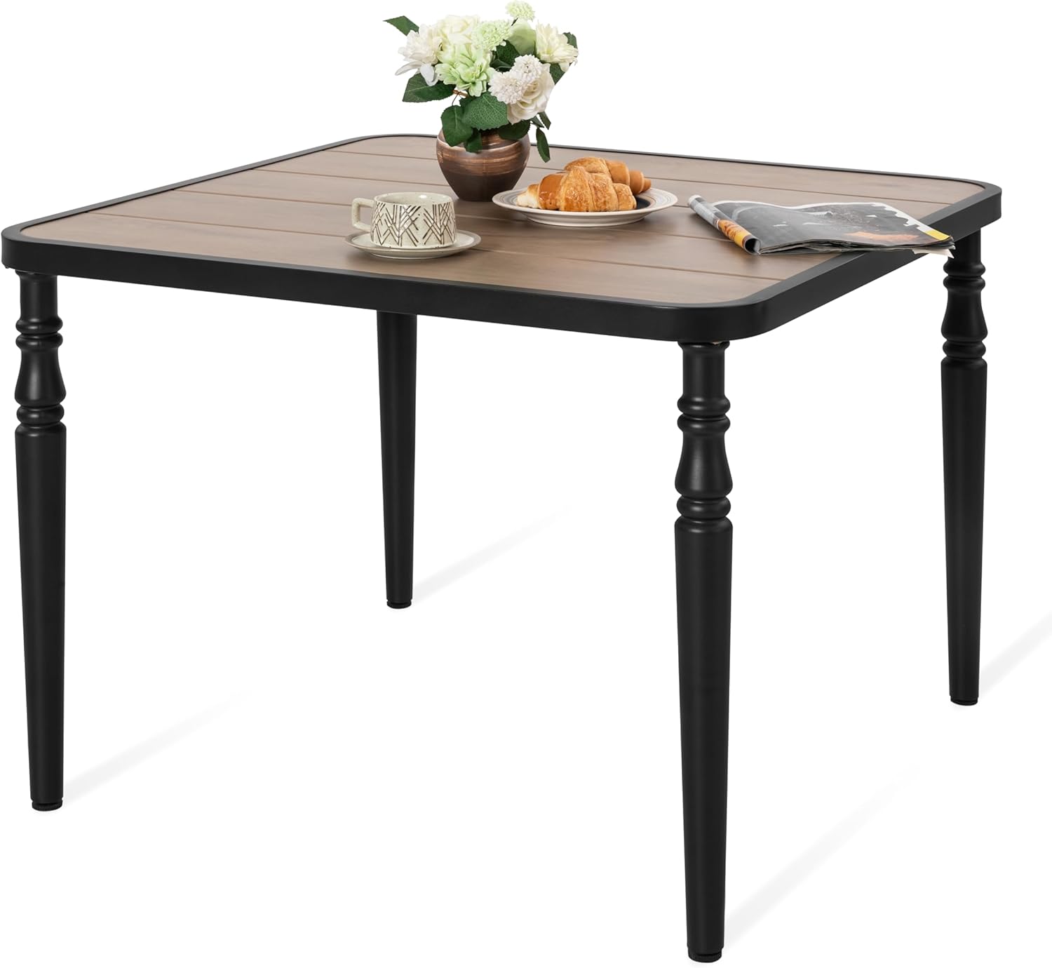 NUU GARDEN 37 Square Outdoor Dining Table, Metal Dining Table with Umbrella Hole, Wood-Grain Tabletop, Weather-Resistant for Garden, Backyard, Deck, Lawn