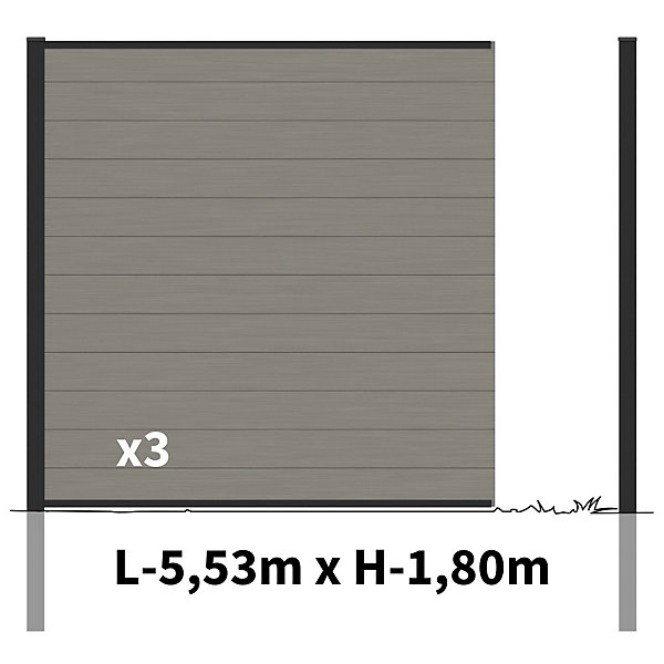 Kit Clôture Bois Composite Platine 5,5x1,8m RIO - Poteaux en Aluminium Noir - Brise Vue - Palissade