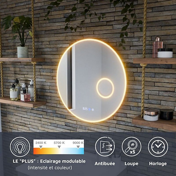 Miroir rond RONDI PLUS 60 cm - 60 cm- antibuée, horloge et loupe