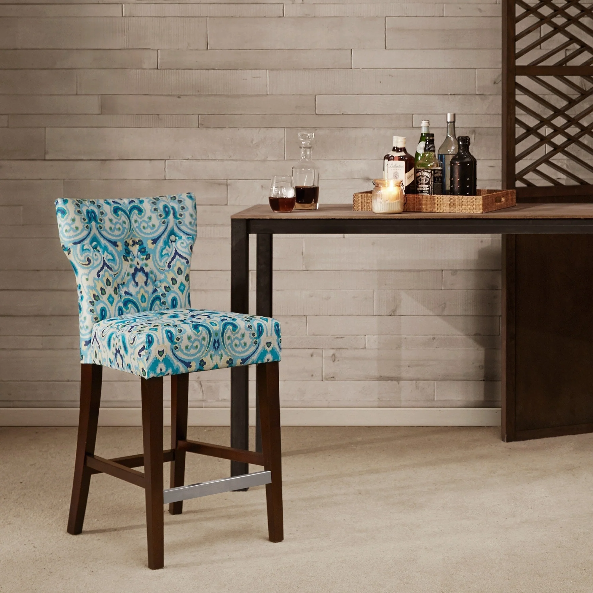Madison Park Hayes Blue/ Yellow Tufted Back Counter Stool - 17.75w x 21.125d x 38.25h