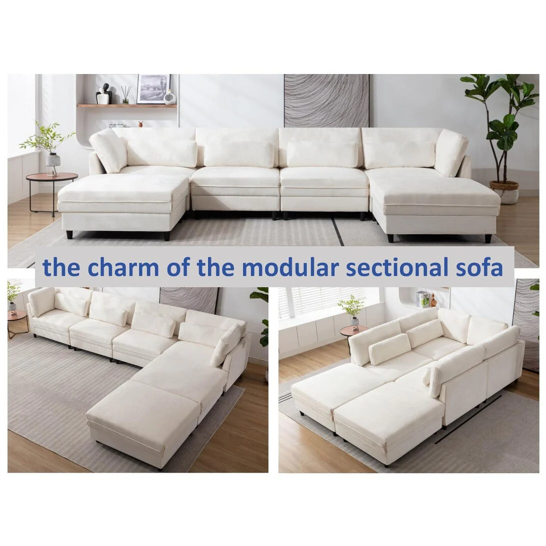 145 Fabric 6-Seat U-Shaped Sectional Sofa with Chaise & Ottomans