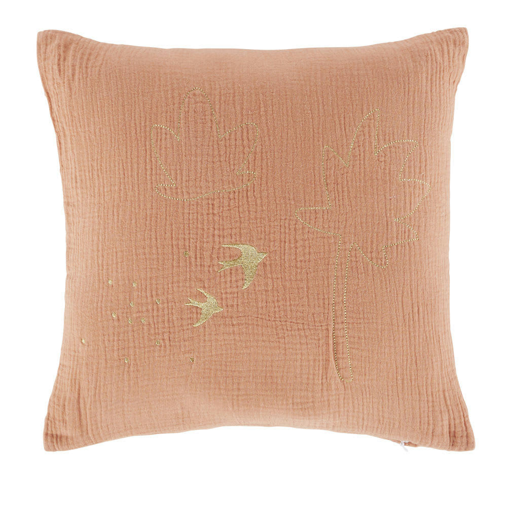 DREAMY - Coussin en gaze de coton biologique terracotta motifs dorés brodés 40x40