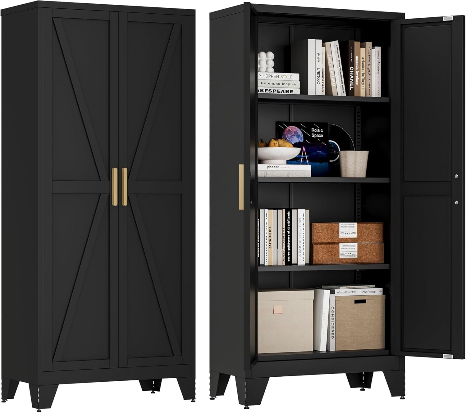 61 Tall Farmhouse Metal Pantry Cabinet, Kitchen Pantry Storage Cabinets with 2 Barn Door and Adjustable Shelves,Metal Pantry Storage Cabinet,for Kitchen,Laundry Room,Home Office,Kids Room (Black)