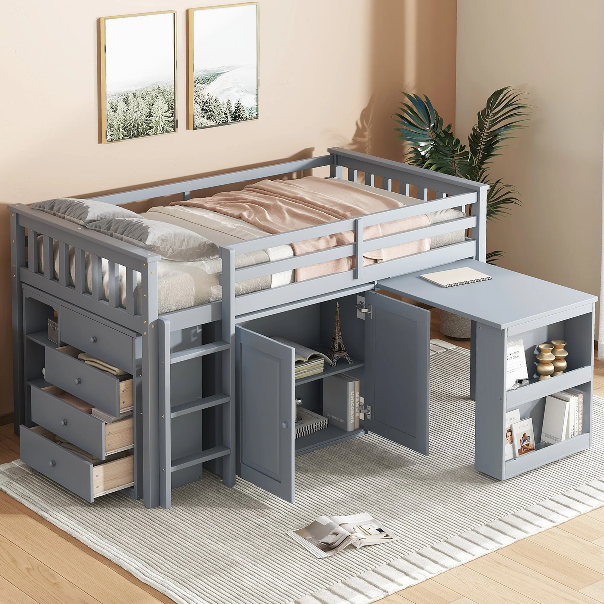 Twin Loft Bed with Pull-Out Desk, Multiple Storage Cabinets, Drawers, Safety Guardrail