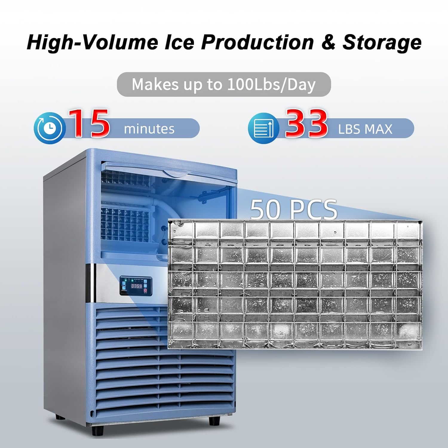 Commercial Ice Maker 100Lbs/24H, Undercounter Ice Machine with 33Lbs Storage, Stainless Steel Nugget Ice Maker for Restaurant/Bar/Office