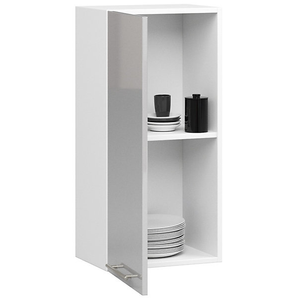 Meuble de cuisine suspendue : 1 porte, 2 étagères, blanc / brillant métallisé, 40 x 72 x 30 cm