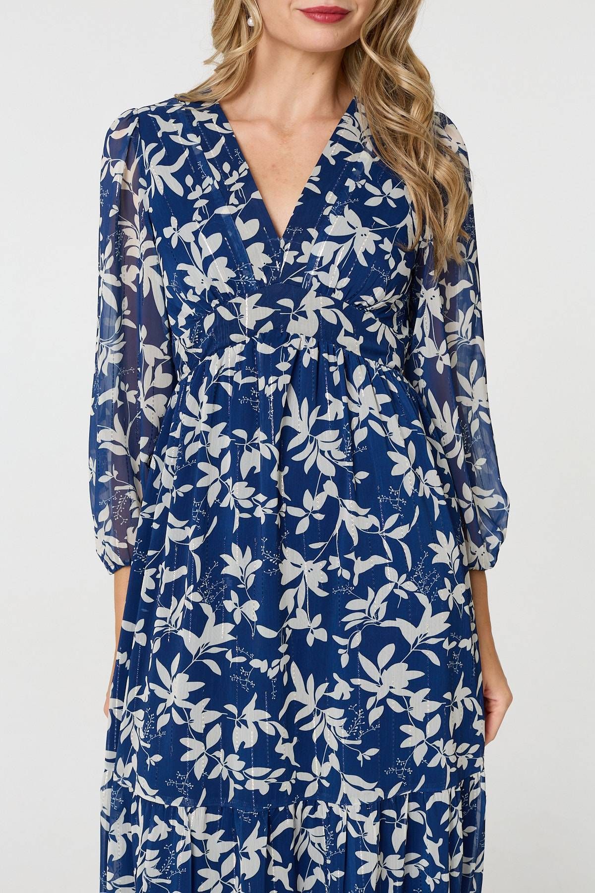 Izabel London Leaf Print Sheer Layer Empire Maxi Dress