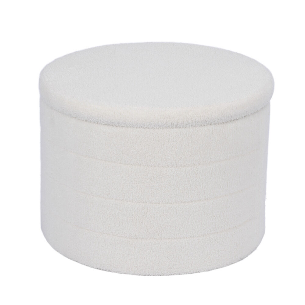 Pouf coffre de rangement rond blanc tissu bouclette Clara Ø56xH40cm