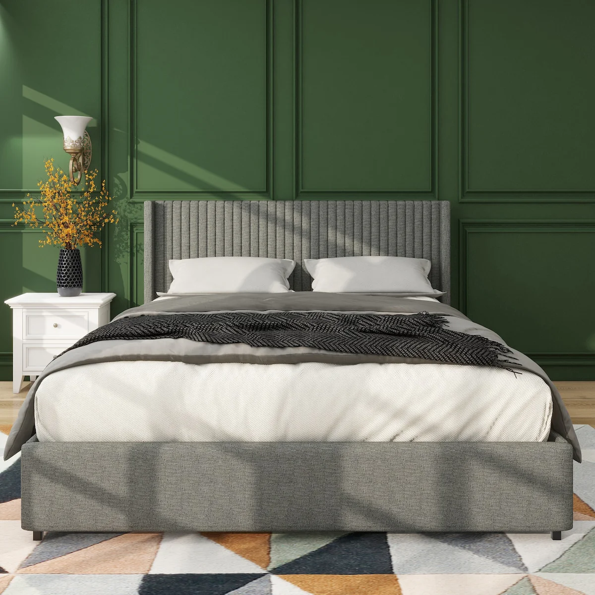 Queen Size Gray Linen Upholstered Wingback Platform Bed with Patented 4 Drawers Storage, Modern Design Headboard