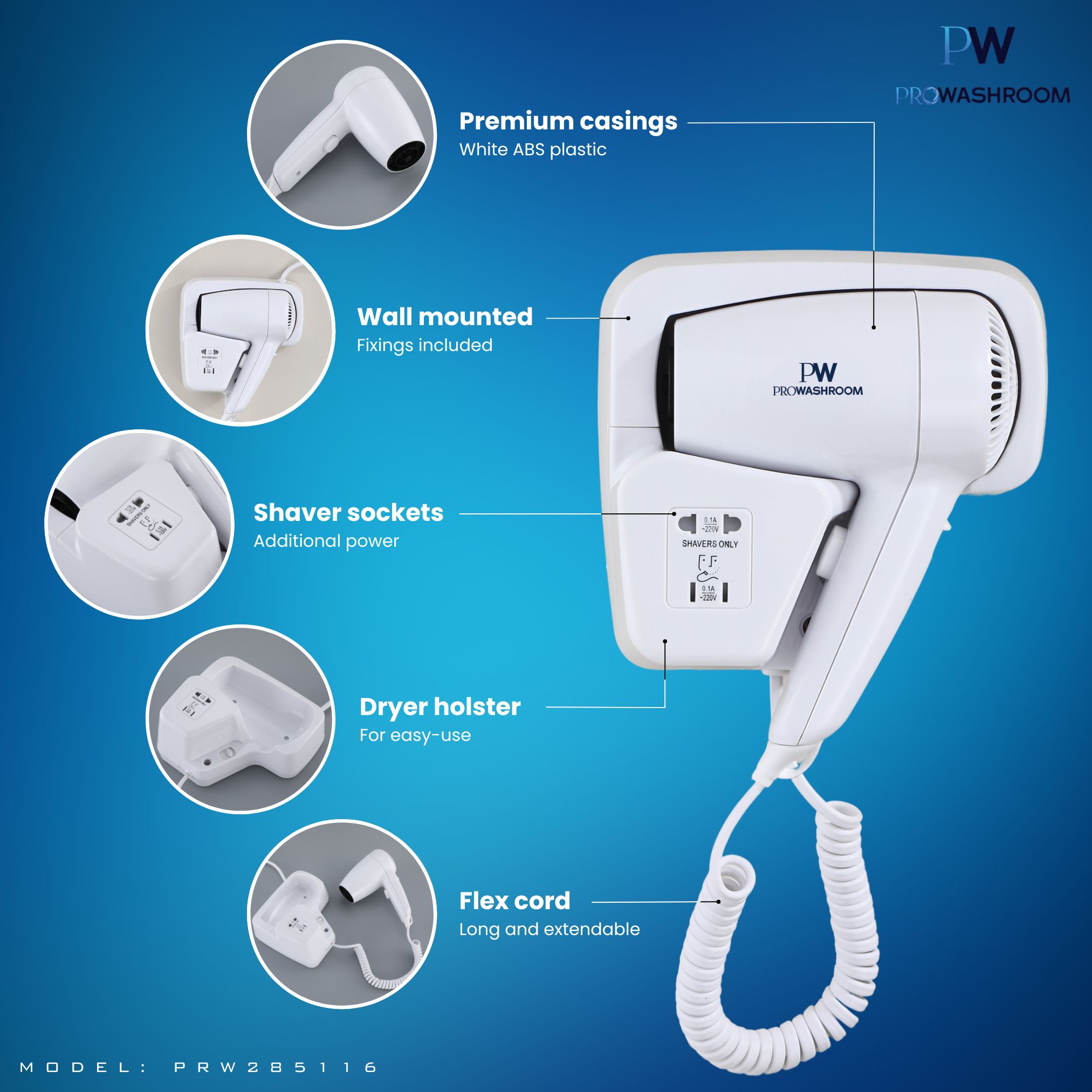 MYLEK Pro Washroom Hotel Hair Dryer 1200w