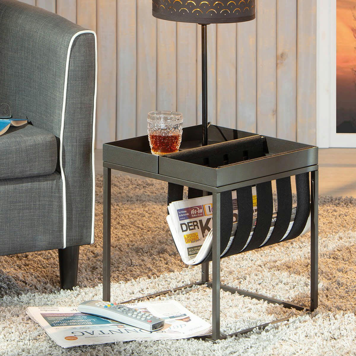 STACIO - Table  d'appoint grise avec porte-brochure