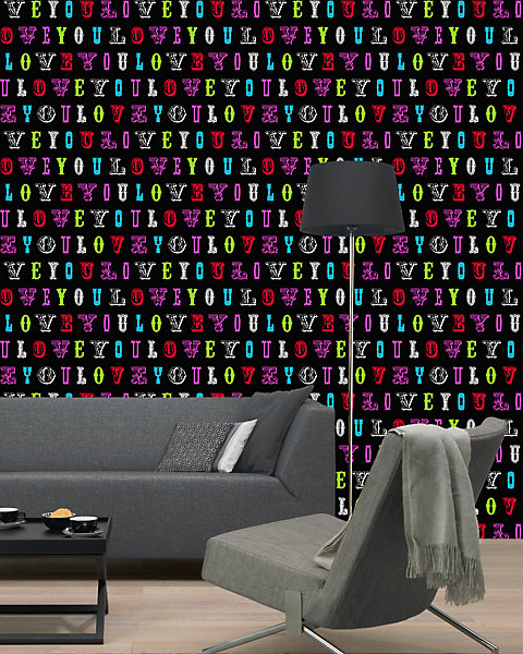 ESTAhome papier peint love you - citations multicolore sur noir 53 cm x 10.05 m