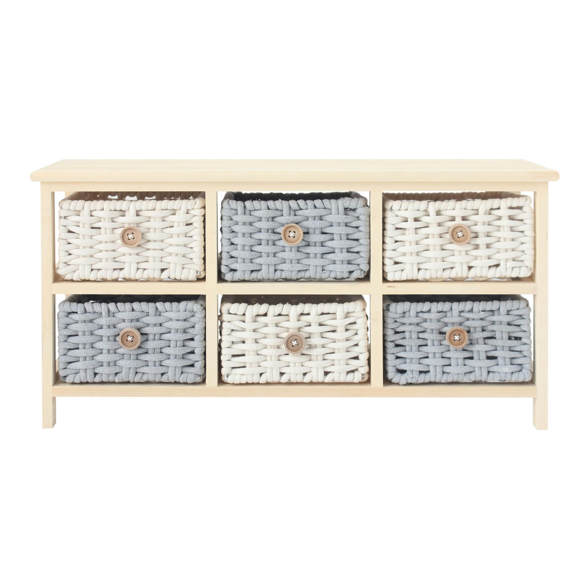 NORDIC - Banc 6 tiroirs en bois de pin et coton beige blanc et gris