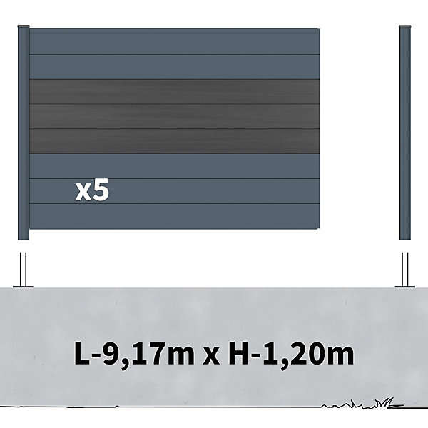 Kit Clôture Aluminium BAHIA &CRUZ Ardoise 9,20x1,2m - Bois Composite &Aluminium - Poteaux Gris - Brise Vue - Palissade