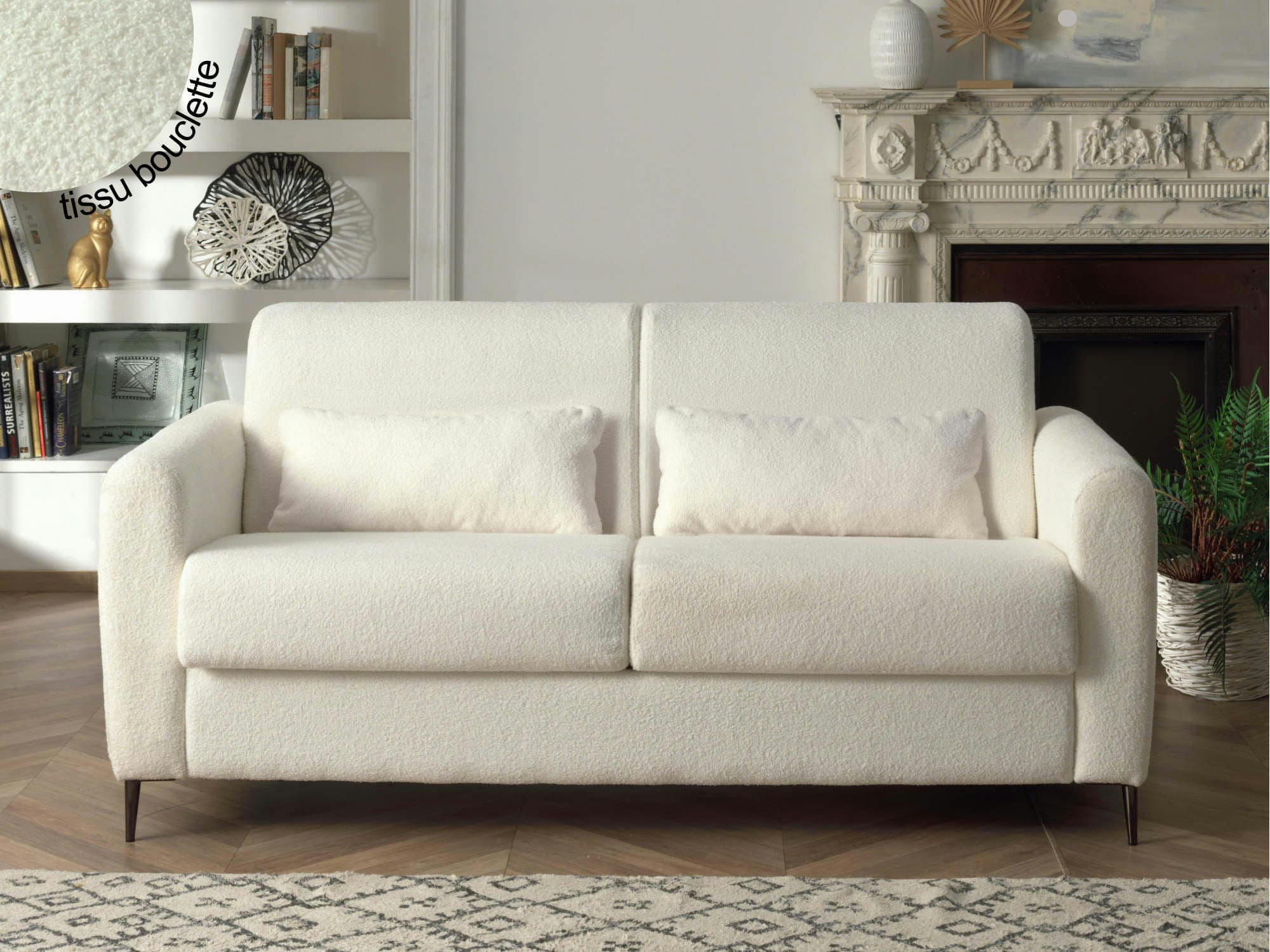 OWEN - Canapé droit convertible 3 places en tissu bouclette beige