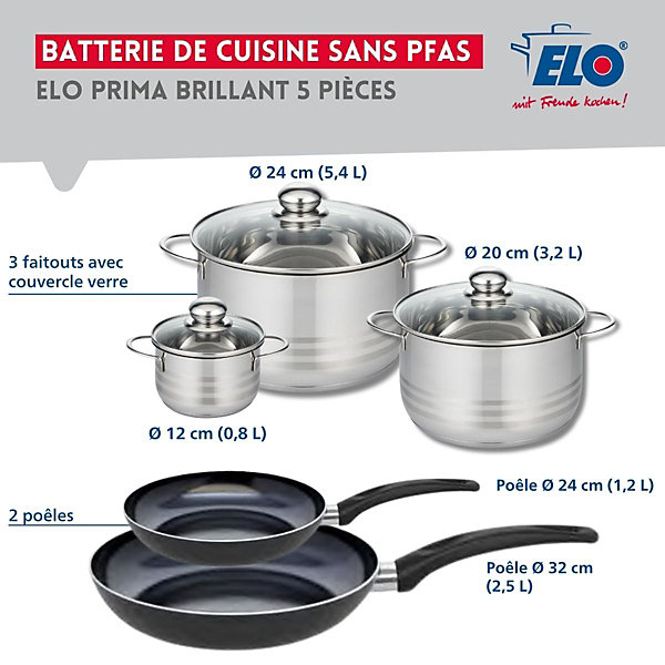 Ensemble de 2 Poêles de cuisson 24 et 32 cm et 3 faitouts 12, 20 et 24 cm Elo Prima Brillant